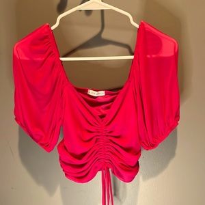 mesh hot pink ruched top with tie front size XS